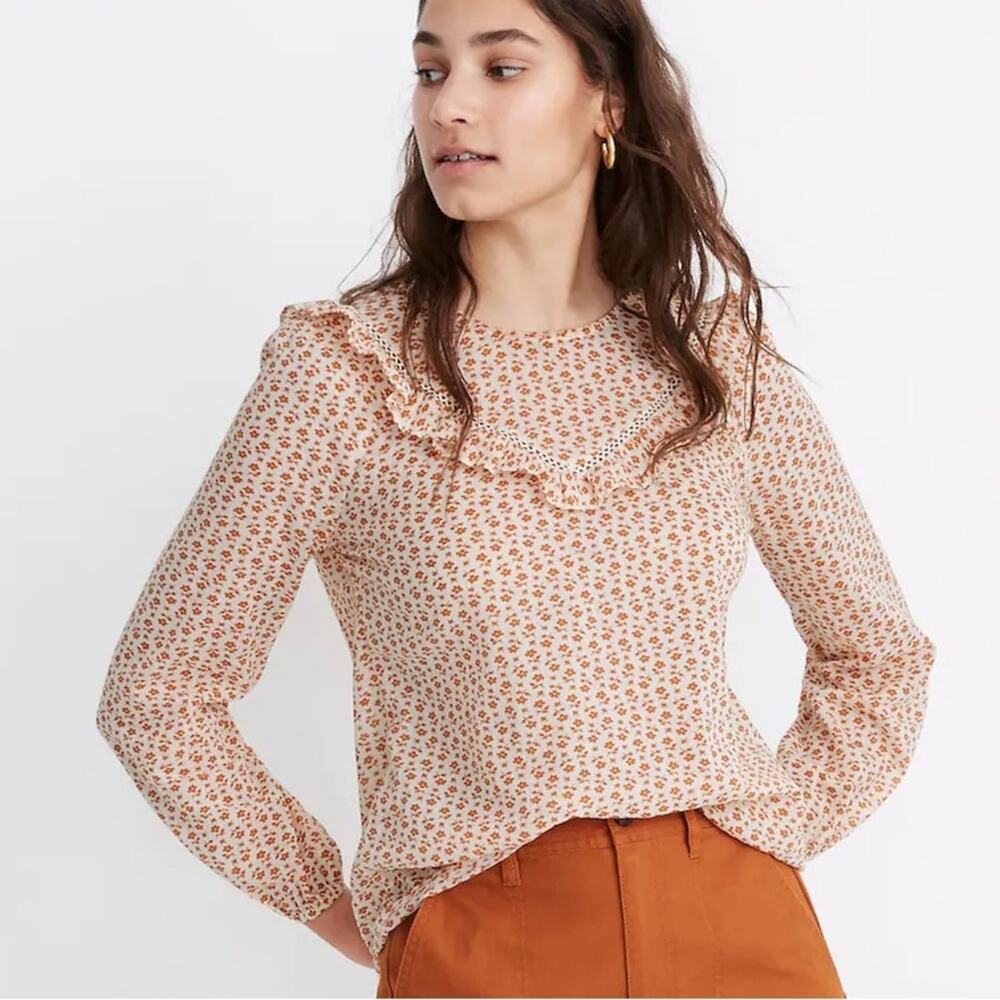 Madewell Ruffle Yoke Prairie Top Blouse Cutout Blooms Floral Orange Size XS